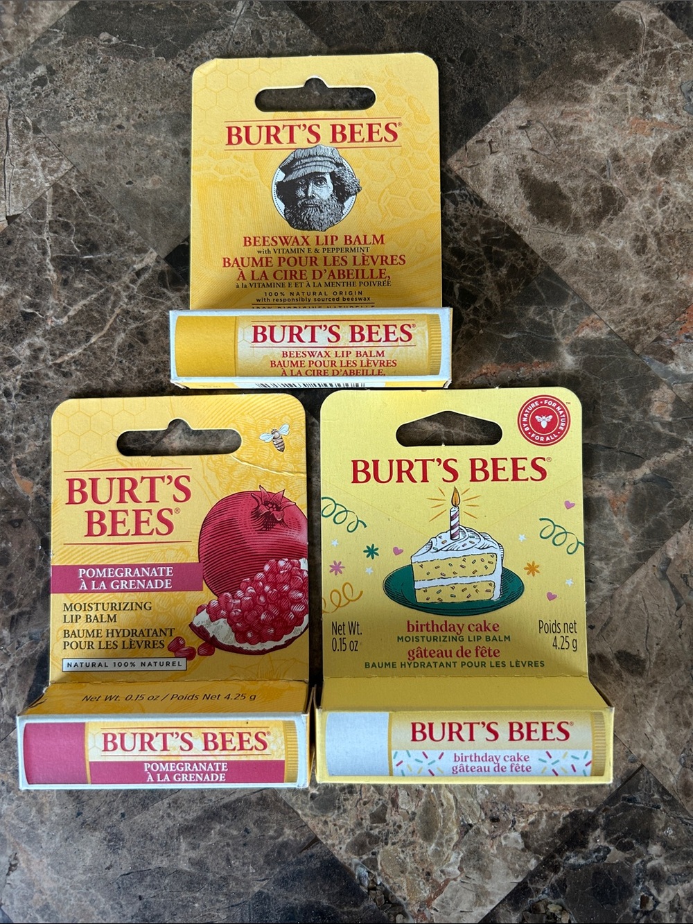 NWT 🆕 Burt's Bees THREE Moisturizing Lip Balms/ Original, Pomegranate, Bday Cake